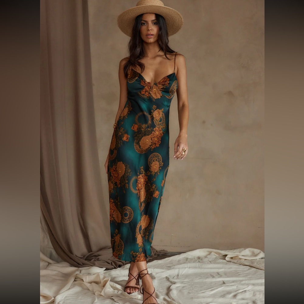 12th Tribe Alexandria Teal Printed Satin Midi Dress